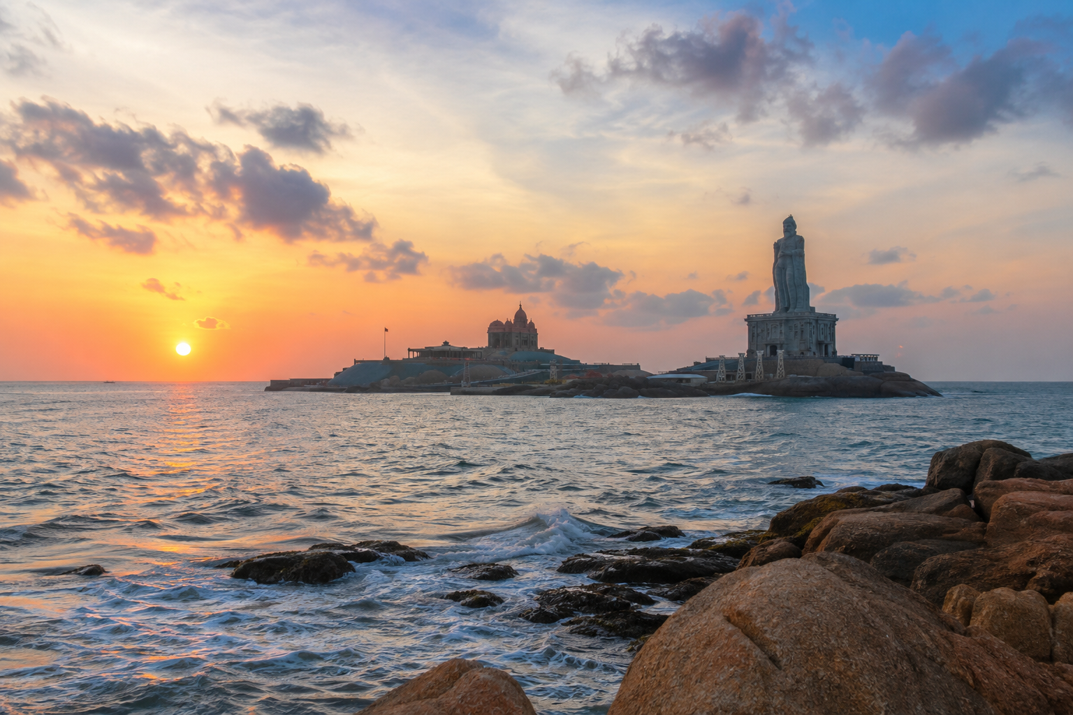 Kanyakumari sunrise with Vivekananda Rock Memorial and Thiruvalluvar Statue